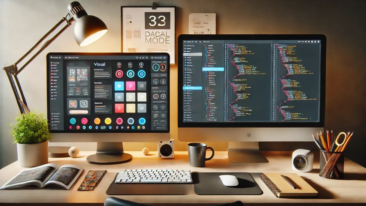 a mac and a monitor showing code