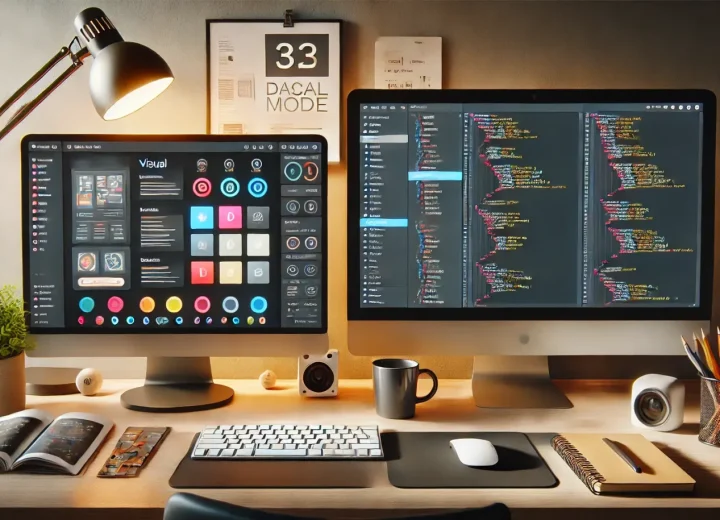 a mac and a monitor showing code