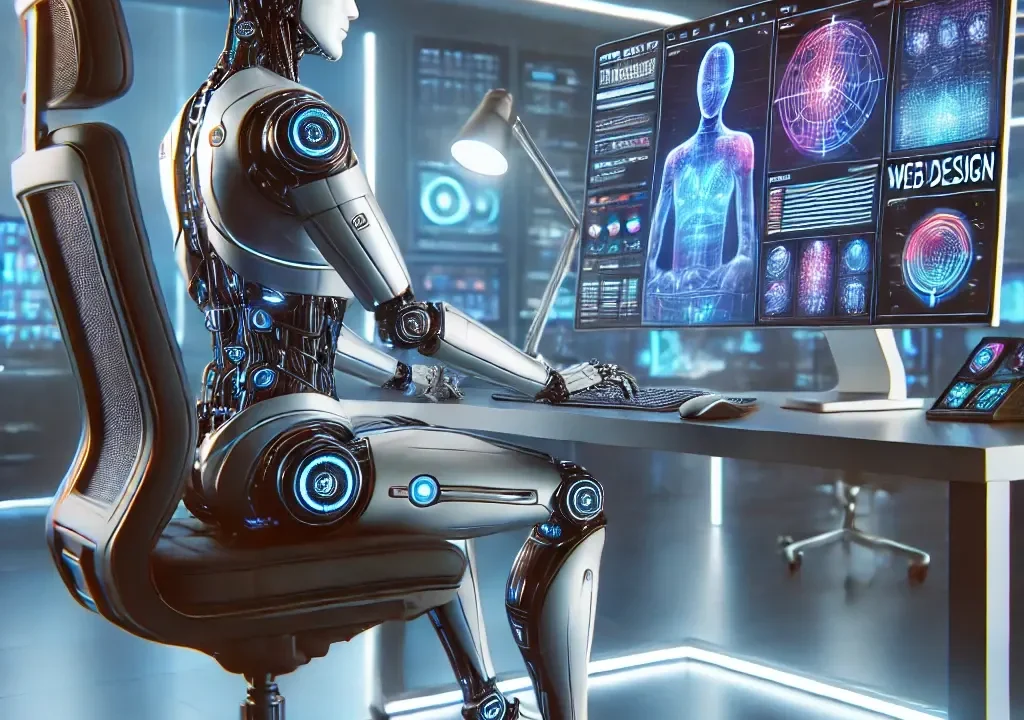 Robot sat at a desk doing web design