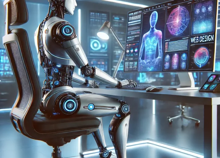 Robot sat at a desk doing web design